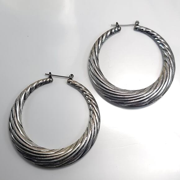 Vintage Textured Silver Hoop Earrings, Bold Large Statement Hoops for Women - Picture 1 of 10